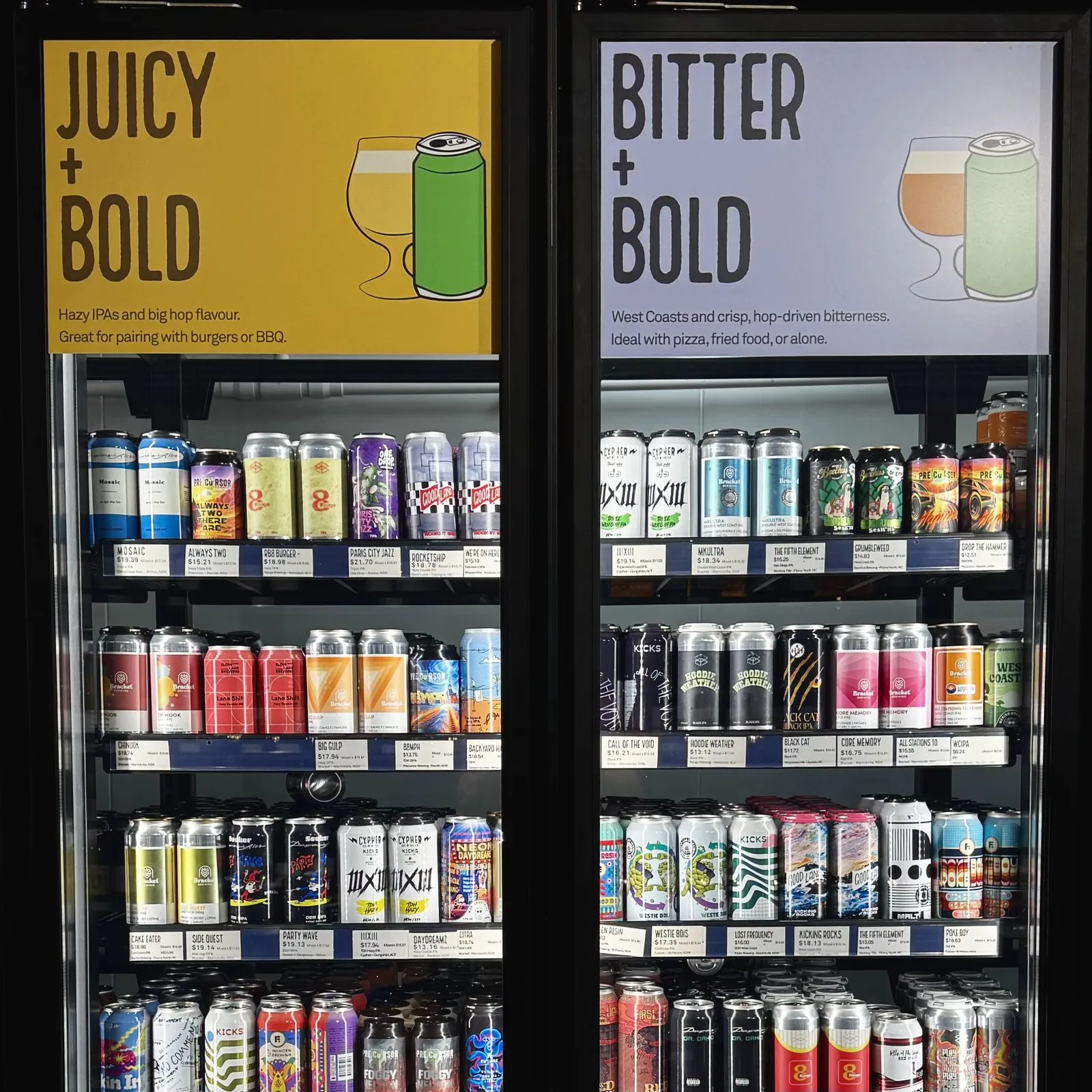 The Juicy + Bold and Bitter + Bold beer fridges at Bottle Keg Can, stocked with cans